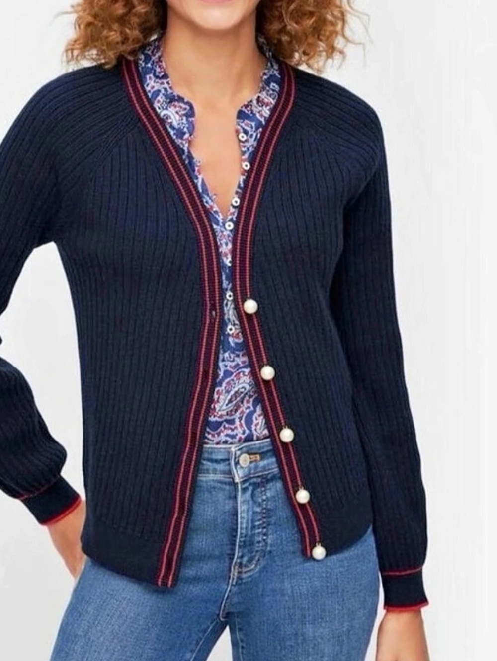 Talbots Charming Cardigan - Pearl Embellished Blue & Red